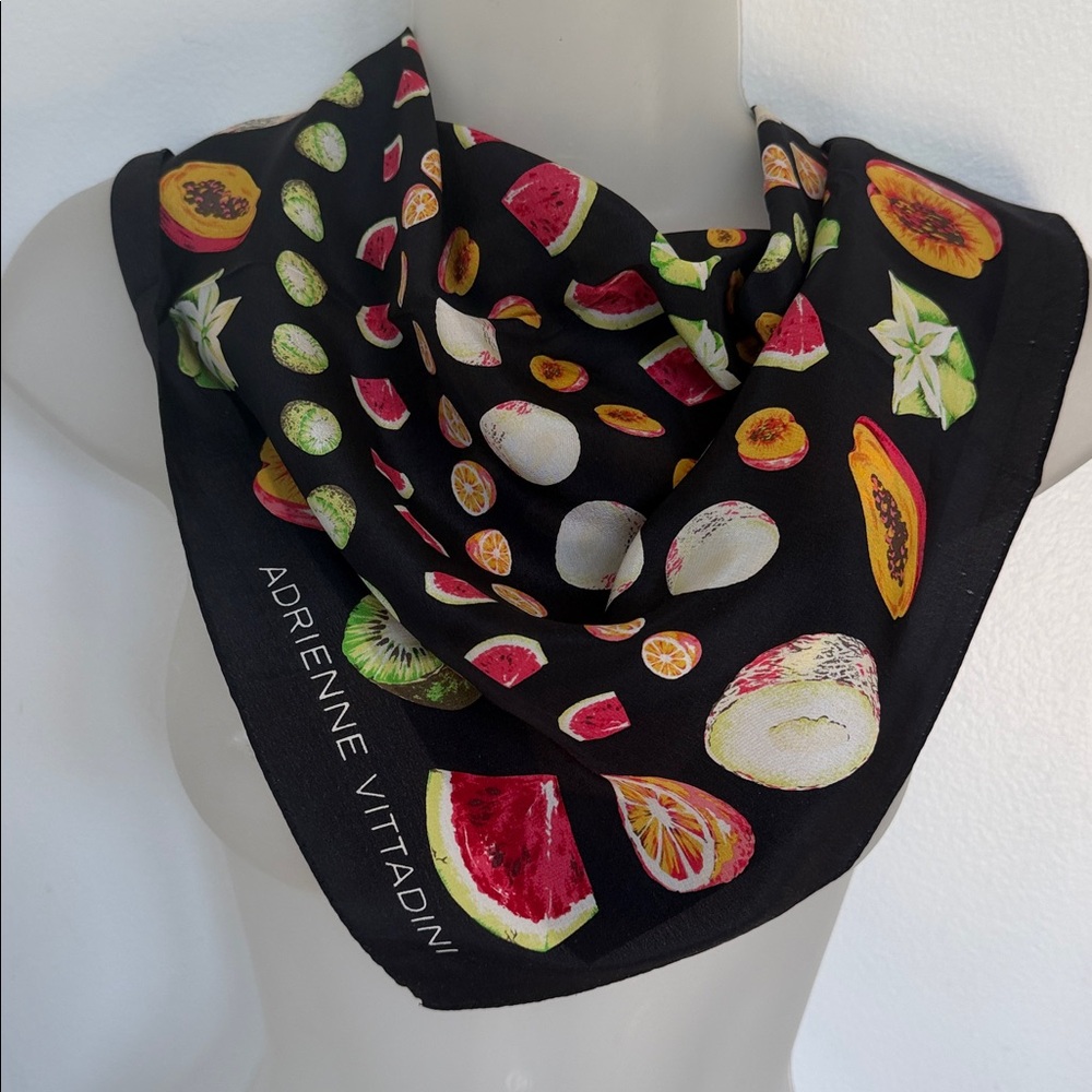 VTG Adrienne Vittadini 100% Silk Fruit Print Scarf - Black Tropical Summer